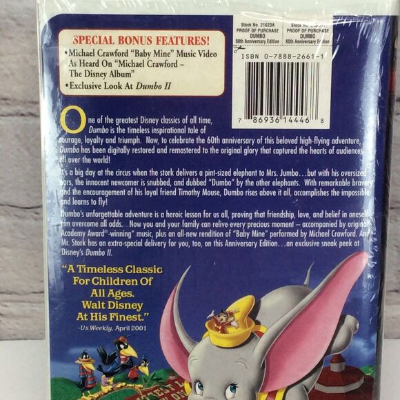 "Dumbo" Walt Disney's 60th Anniversary Edition Clamshell 2001 VHS #21623 NIP - Picture 4 of 7